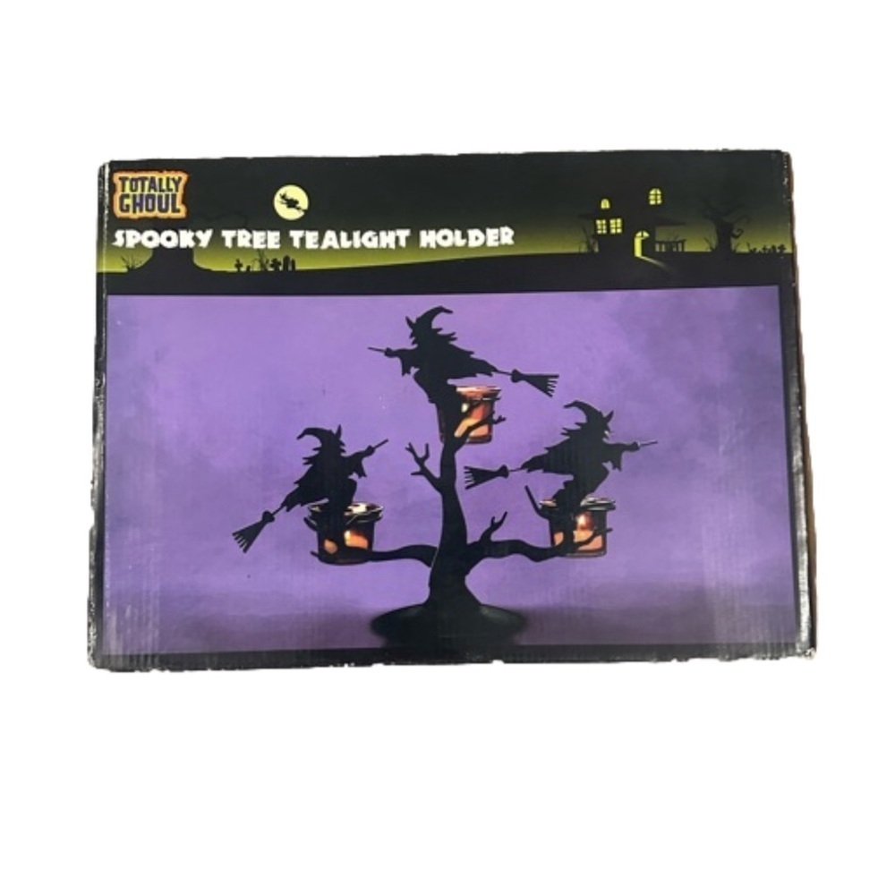 Vintage Halloween Tree 3 Tealight holder Black Metal Witch Orange Votive NOS Box
